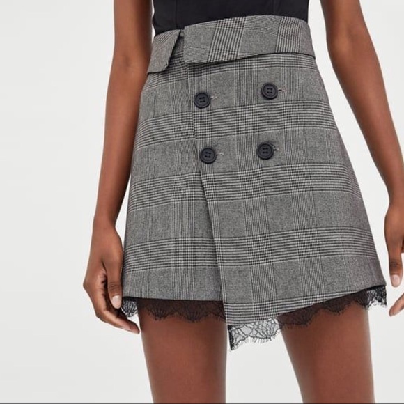Zara Dresses & Skirts - Zara Checkered Plaid Skirt With Lace